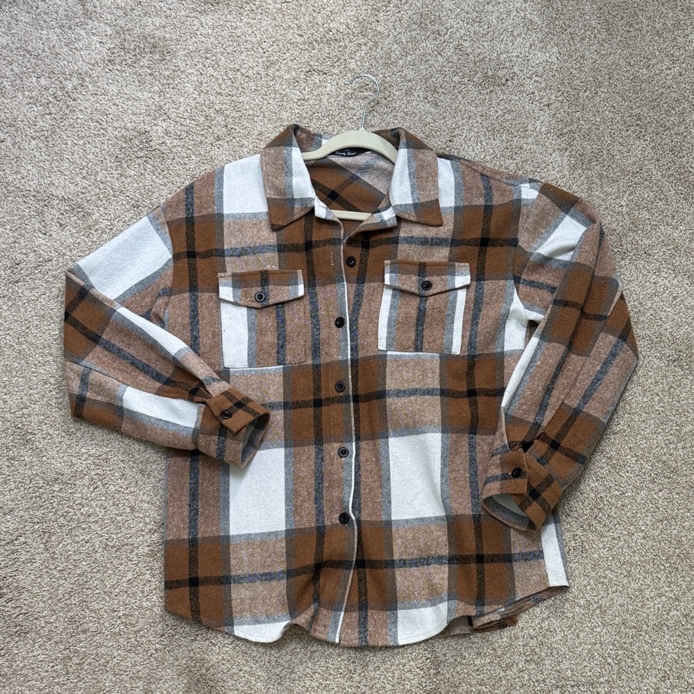 Stylish Plaid Button Down Shacket in Brown and White
